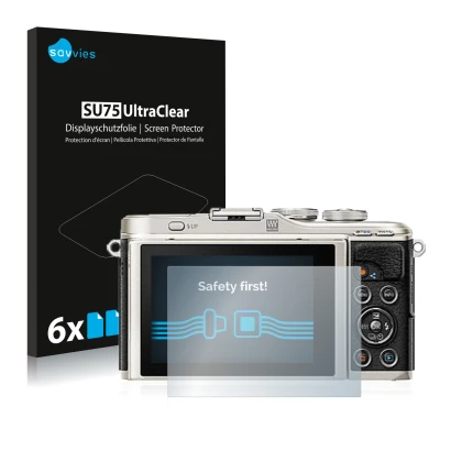 Front side of a product packaging with the brand logo Savvies. Next to it is the device Olympus PEN E-PL9 shown with the corre