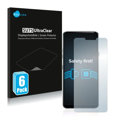 Front side of a product packaging with the brand logo Savvies. Next to it is the device LG G7 ThinQ shown with the correspondi