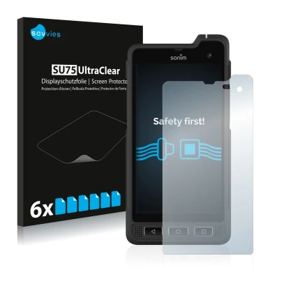 Front side of a product packaging with the brand logo Savvies. Next to it is the device Sonim XP8 shown with the corresponding