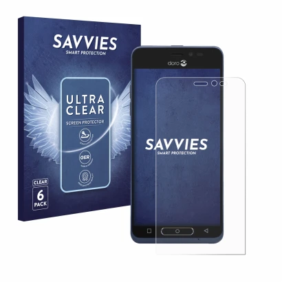 Front side of a product packaging with the brand logo Savvies. Next to it is the device Doro 8035 shown with the corresponding