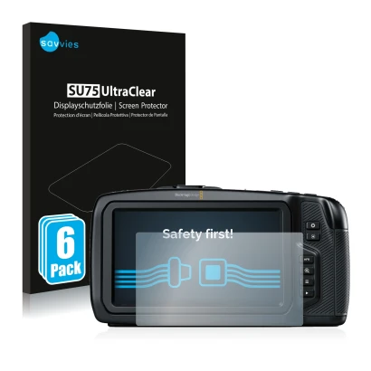 Front side of a product packaging with the brand logo Savvies. Next to it is the device Blackmagic Pocket Cinema Camera 4K sho