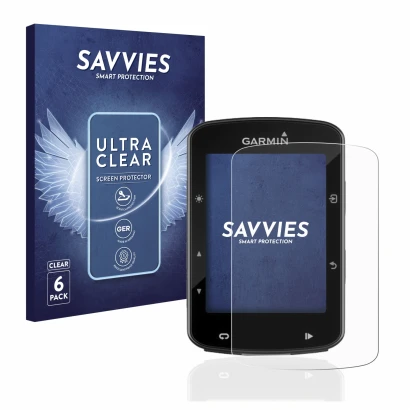Front side of a product packaging with the brand logo Savvies. Next to it is the device Garmin Edge 520 Plus shown with the co