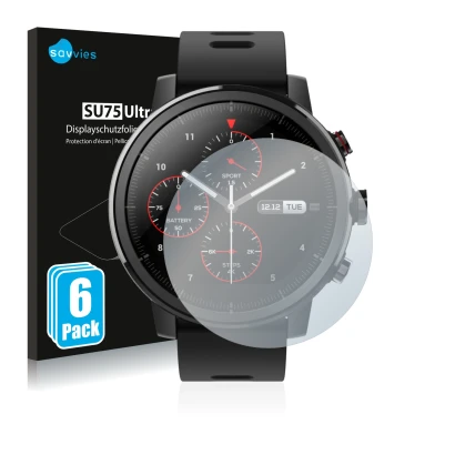 Front side of a product packaging with the brand logo Savvies. Next to it is the device Huami Amazfit Stratos shown with the c