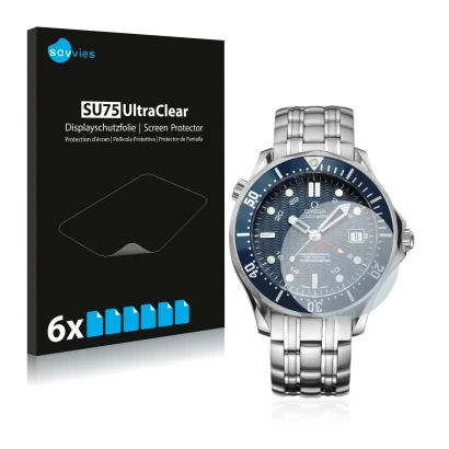 Front side of a product packaging with the brand logo Savvies. Next to it is the device Omega Seamaster Diver (41 mm) shown wi