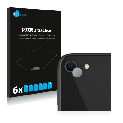 Front side of a product packaging with the brand logo Savvies. Next to it is the device Apple iPhone SE 2 2020 (ONLY Camera Le