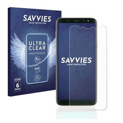 Front side of a product packaging with the brand logo Savvies. Next to it is the device Samsung Galaxy J6 2018 shown with the 