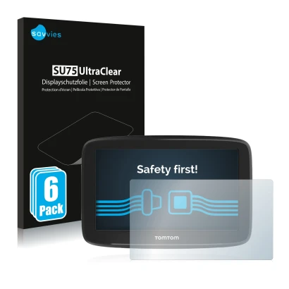 Front side of a product packaging with the brand logo Savvies. Next to it is the device TomTom GO Basic 5" shown with the corr