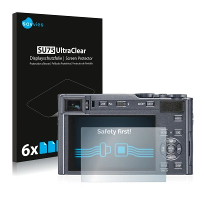 Front side of a product packaging with the brand logo Savvies. Next to it is the device Leica C-Lux shown with the correspondi