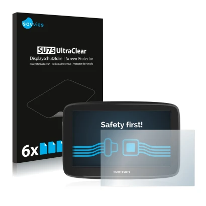 Front side of a product packaging with the brand logo Savvies. Next to it is the device TomTom GO Basic (6") shown with the co