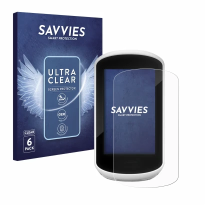 Front side of a product packaging with the brand logo Savvies. Next to it is the device Garmin Edge Explore 2018 shown with th