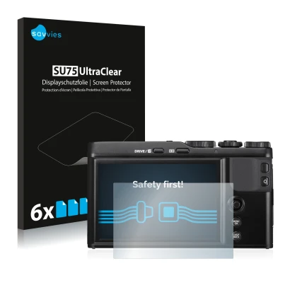 Front side of a product packaging with the brand logo Savvies. Next to it is the device Fujifilm XF10 shown with the correspon