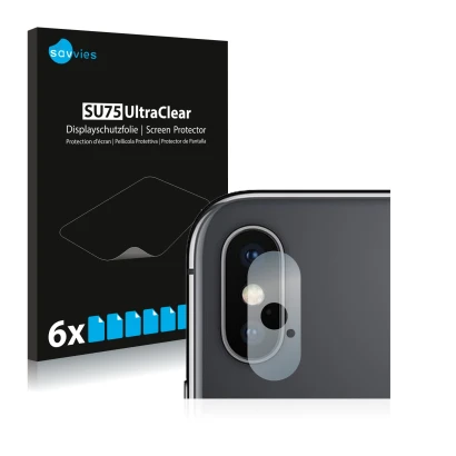 Front side of a product packaging with the brand logo Savvies. Next to it is the device Apple iPhone Xs (ONLY Camera Lens) sho