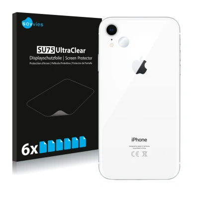 Front side of a product packaging with the brand logo Savvies. Next to it is the device Apple iPhone XR (ONLY Camera Lens) sho