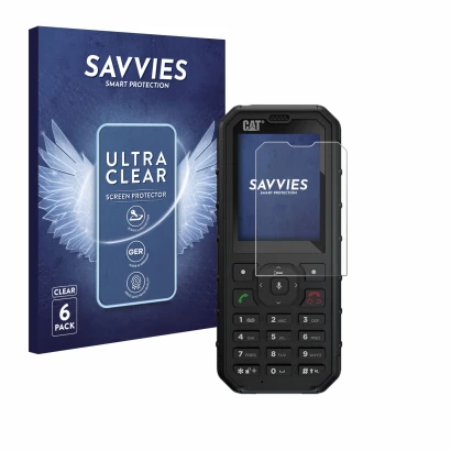 Front side of a product packaging with the brand logo Savvies. Next to it is the device Caterpillar Cat B35 shown with the cor