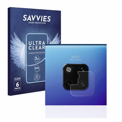 Front side of a product packaging with the brand logo Savvies. Next to it is the device Huawei Mate 20 Pro (ONLY Camera Lens) 