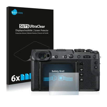 Front side of a product packaging with the brand logo Savvies. Next to it is the device Fujifilm GFX 50R shown with the corres