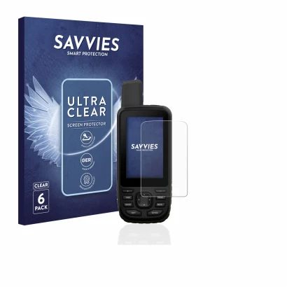 Front side of a product packaging with the brand logo Savvies. Next to it is the device Garmin GPSMAP 66s shown with the corre