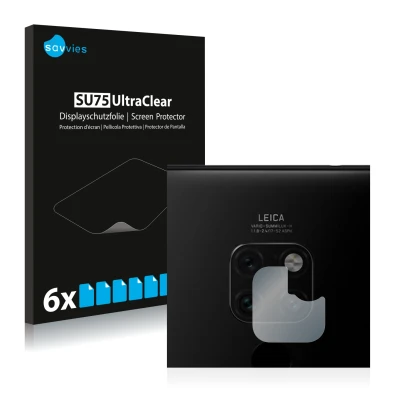 Front side of a product packaging with the brand logo Savvies. Next to it is the device Huawei Mate 20 (ONLY Camera Lens) show