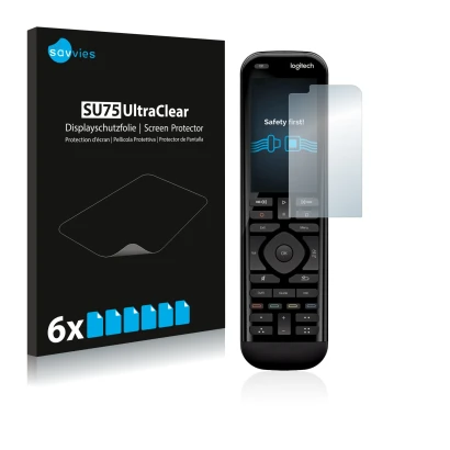 Front side of a product packaging with the brand logo Savvies. Next to it is the device Logitech Harmony Elite shown with the 