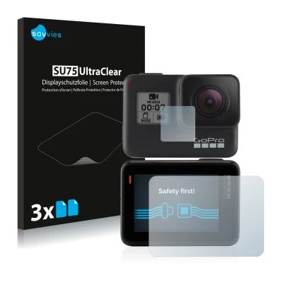 Front side of a product packaging with the brand logo Savvies. Next to it is the device GoPro Hero 7 Black shown with the corr