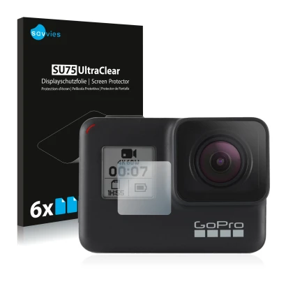 Front side of a product packaging with the brand logo Savvies. Next to it is the device GoPro Hero 7 Black (Front display) sho