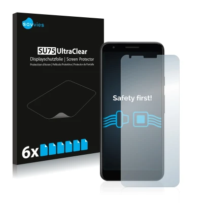 Front side of a product packaging with the brand logo Savvies. Next to it is the device Google Pixel 3a XL shown with the corr