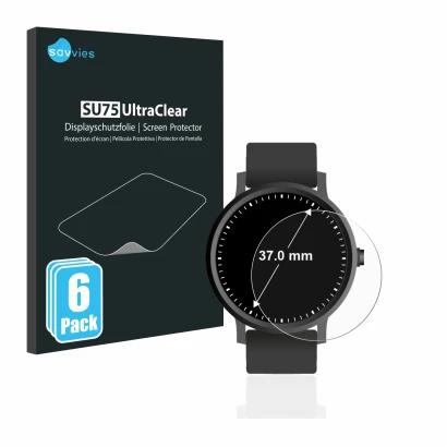 Front side of a product packaging with the brand logo Savvies. Next to it is the device Circular Displays (ø: 37 mm) shown wit