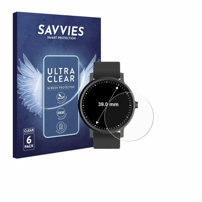 Front side of a product packaging with the brand logo Savvies. Next to it is the device Circular Displays (ø: 39 mm) shown wit