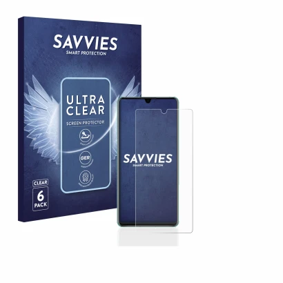Front side of a product packaging with the brand logo Savvies. Next to it is the device Huawei P30 shown with the correspondin