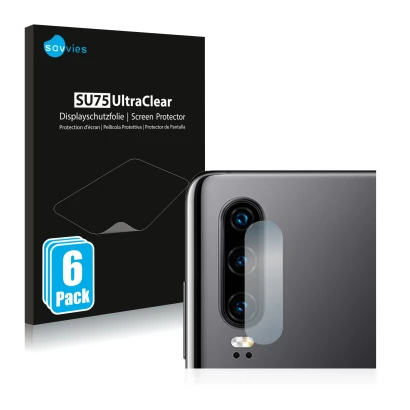 Front side of a product packaging with the brand logo Savvies. Next to it is the device Huawei P30 (ONLY Camera Lens) shown wi