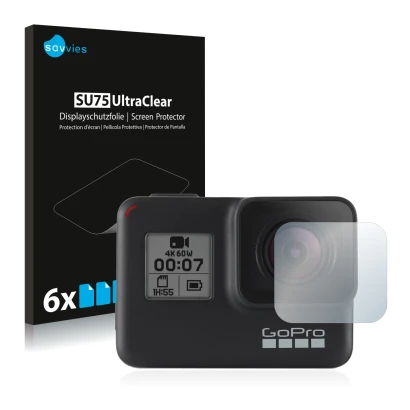 Front side of a product packaging with the brand logo Savvies. Next to it is the device GoPro Hero 7 Black (Lens) shown with t