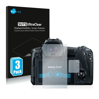 Front side of a product packaging with the brand logo Savvies. Next to it is the device Canon EOS R shown with the correspondi