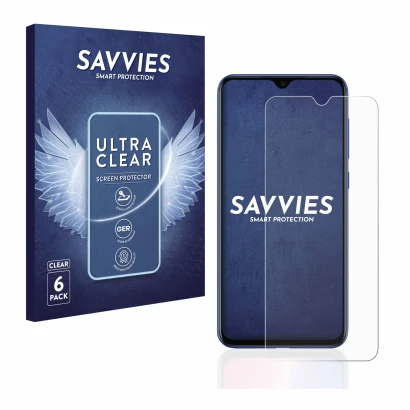 Front side of a product packaging with the brand logo Savvies. Next to it is the device Xiaomi Mi 9 SE shown with the correspo