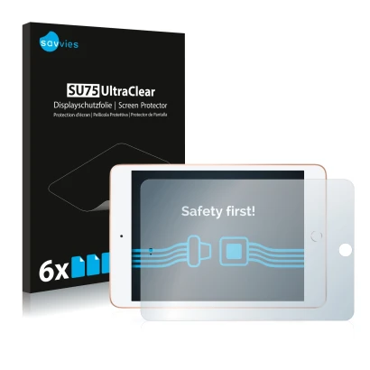 Front side of a product packaging with the brand logo Savvies. Next to it is the device Apple iPad Mini 5 2019 (Landscape, 5th