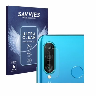 Front side of a product packaging with the brand logo Savvies. Next to it is the device Huawei P30 lite (ONLY Camera Lens) sho