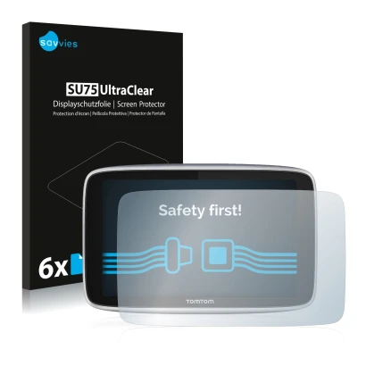 Front side of a product packaging with the brand logo Savvies. Next to it is the device TomTom GO Premium X shown with the cor