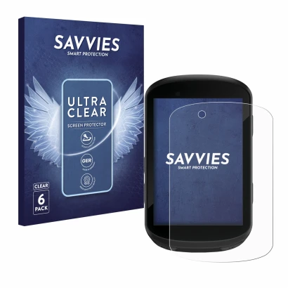 Front side of a product packaging with the brand logo Savvies. Next to it is the device Garmin Edge 830 shown with the corresp