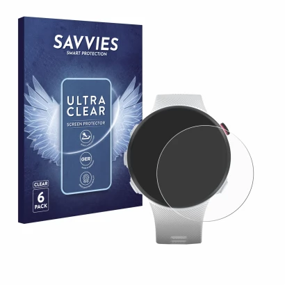 Front side of a product packaging with the brand logo Savvies. Next to it is the device Garmin Forerunner 45S shown with the c