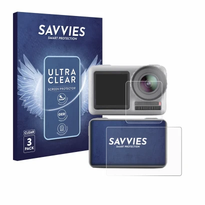 Front side of a product packaging with the brand logo Savvies. Next to it is the device DJI Osmo Action shown with the corresp