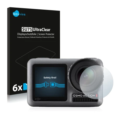 Front side of a product packaging with the brand logo Savvies. Next to it is the device DJI Osmo Action (Lens) shown with the 