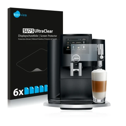 Front side of a product packaging with the brand logo Savvies. Next to it is the device Jura S8 shown with the corresponding s