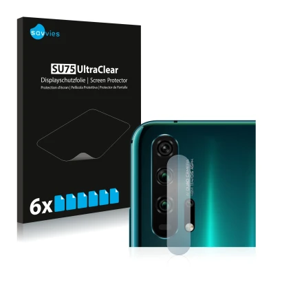 Front side of a product packaging with the brand logo Savvies. Next to it is the device Honor 20 Pro (ONLY Camera Lens) shown 