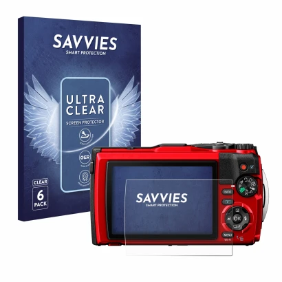 Front side of a product packaging with the brand logo Savvies. Next to it is the device Olympus Tough TG-6 shown with the corr