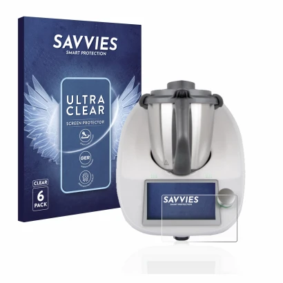 Front side of a product packaging with the brand logo Savvies. Next to it is the device Vorwerk Bimby TM6 shown with the corre