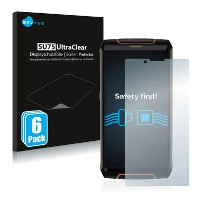 Front side of a product packaging with the brand logo Savvies. Next to it is the device Cubot King Kong 3 shown with the corre