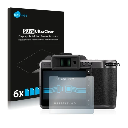 Front side of a product packaging with the brand logo Savvies. Next to it is the device Hasselblad X1D II 50C shown with the c