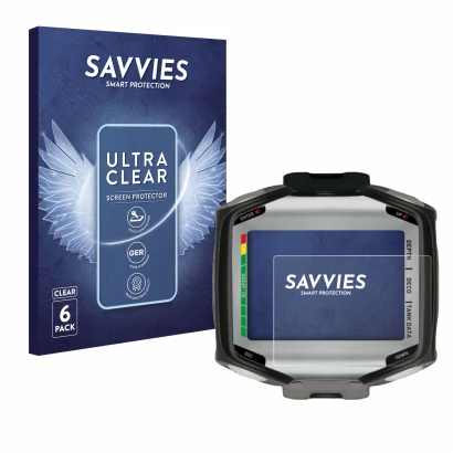 Front side of a product packaging with the brand logo Savvies. Next to it is the device Mares Quad shown with the correspondin
