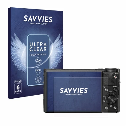 Front side of a product packaging with the brand logo Savvies. Next to it is the device Sony Cyber-Shot DSC-RX100 VII shown wi