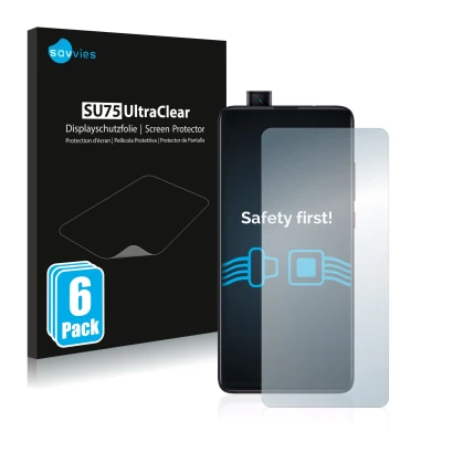 Front side of a product packaging with the brand logo Savvies. Next to it is the device Xiaomi Mi 9T Pro shown with the corres