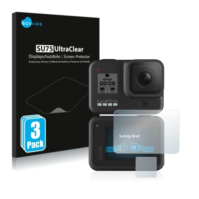 Front side of a product packaging with the brand logo Savvies. Next to it is the device GoPro Hero 8 Black shown with the corr